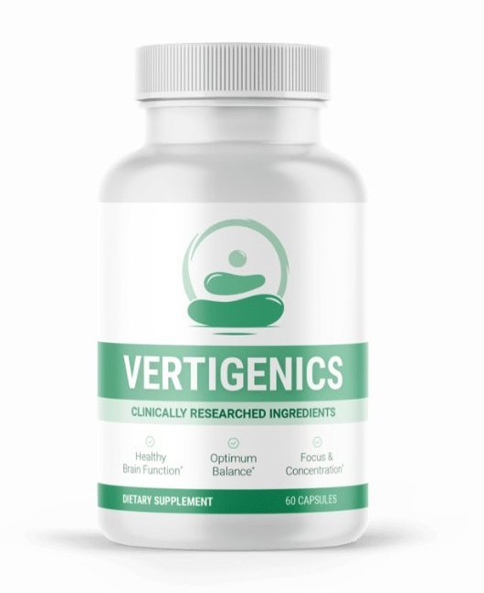 Vertigenics supplement bottle, 60 capsules, dietary supplement for balance and brain function support